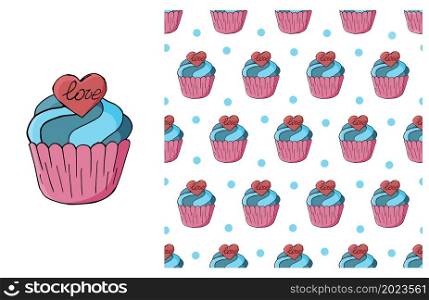 Cupcake, muffin. Pink Set of element and seamless pattern. Ideal for children&rsquo;s clothing. Sweet pastries. Can be used for fabric, packaging, wrapping and etc. Cupcake, muffin. Set of element and seamless pattern