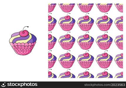 Cupcake, muffin. Pink Set of element and seamless pattern. Ideal for children&rsquo;s clothing. Sweet pastries. Can be used for fabric, wrapping and etc. Cupcake, muffin. Set of element and seamless pattern