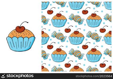 Cupcake, muffin. Set of element and seamless pattern. Ideal for children&rsquo;s clothing. Sweet pastries. Can be used for fabric and etc. Cupcake, muffin. Set of element and seamless pattern