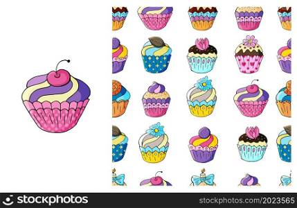 Cupcake, muffin. Set of element and seamless pattern. Ideal for children&rsquo;s clothing. Sweet pastries. Can be used for fabric, packaging, wrapping paper and etc. Cupcake, muffin. Set of element and seamless pattern