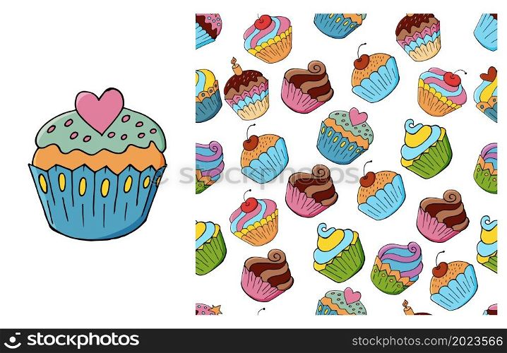 Cupcake, muffin. Set of element and seamless pattern. Ideal for children&rsquo;s clothing. Sweet pastries. Can be used for fabric, paper and etc. Cupcake, muffin. Set of element and seamless pattern