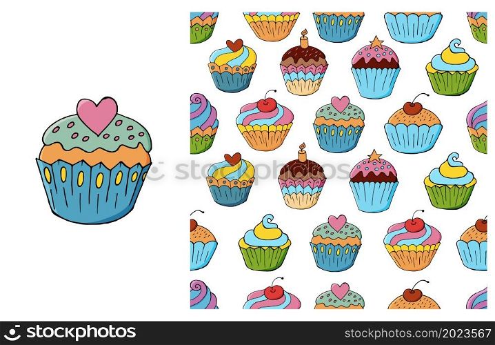 Cupcake, muffin. Set of element and seamless pattern. Ideal for children&rsquo;s clothing. Sweet pastries. Can be used for fabric, wrapping paper and etc. Cupcake, muffin. Set of element and seamless pattern