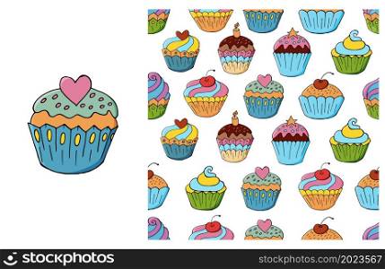 Cupcake, muffin. Set of element and seamless pattern. Ideal for children&rsquo;s clothing. Sweet pastries. Can be used for fabric, wrapping paper and etc. Cupcake, muffin. Set of element and seamless pattern