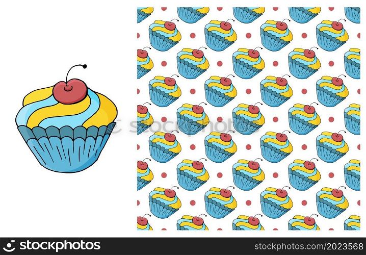 Cupcake, muffin. Set of element and seamless pattern. Ideal for children&rsquo;s clothing. Sweet pastries. Can be used for fabric. Cupcake, muffin. Set of element and seamless pattern