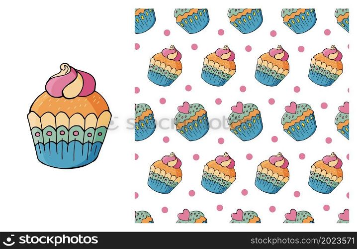 Cupcake, muffin. Set of element and seamless pattern. Ideal for children&rsquo;s clothing. Cupcake, muffin. Set of element and seamless pattern