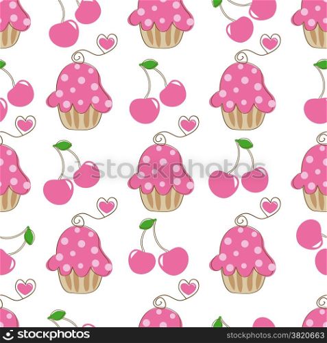 Cupcake retro seamless pattern with cute cake and heart cherry. Vector illustration for design of gift packs, wrap, patterns fabric, wallpaper, web sites and other.