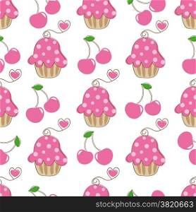 Cupcake retro seamless pattern with cute cake and heart cherry. Vector illustration for design of gift packs, wrap, patterns fabric, wallpaper, web sites and other.