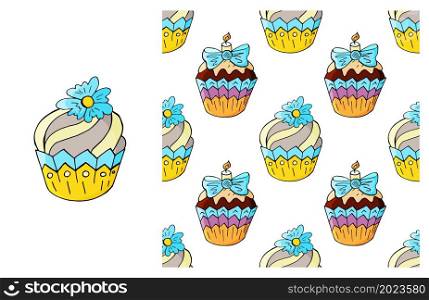 Cupcake. Set of element and seamless pattern. Ideal for children&rsquo;s clothing. Sweet pastries. Can be used for fabric and etc. Cupcake, muffin. Set of element and seamless pattern