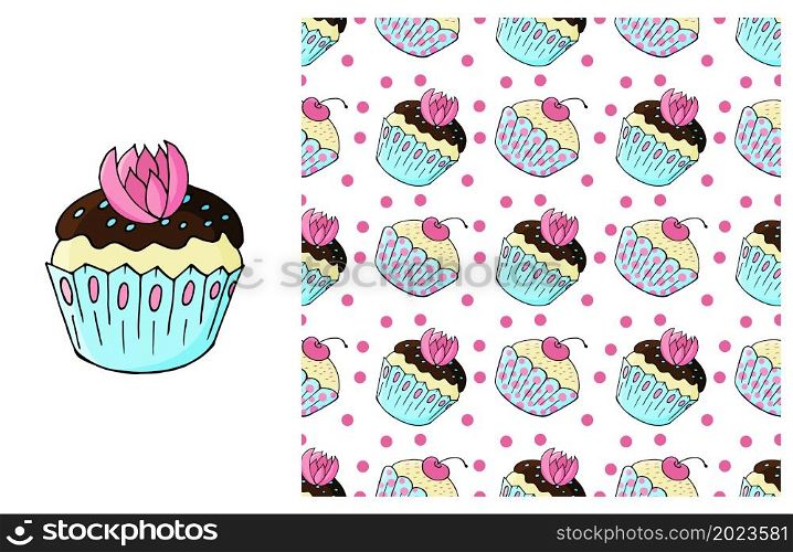 Cupcake. Set of element and seamless pattern. Ideal for children&rsquo;s clothing. Sweet pastries. Can be used for fabric, packaging, wrapping paper and etc. Cupcake, muffin. Set of element and seamless pattern