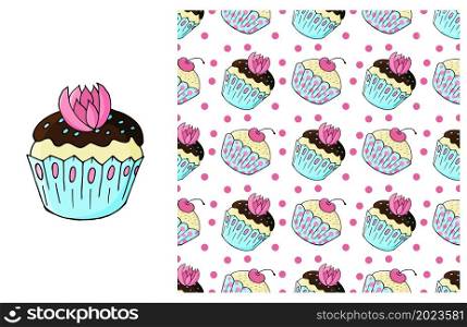 Cupcake. Set of element and seamless pattern. Ideal for children&rsquo;s clothing. Sweet pastries. Can be used for fabric, packaging, wrapping paper and etc. Cupcake, muffin. Set of element and seamless pattern