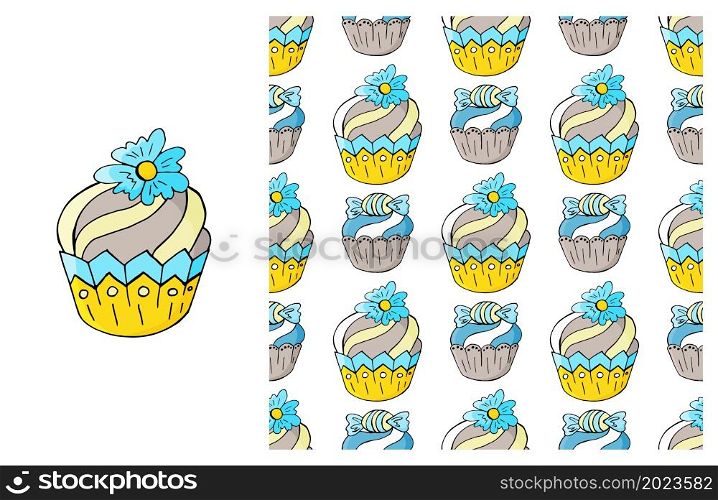 Cupcake. Set of element and seamless pattern. Ideal for children&rsquo;s clothing. Sweet pastries. Can be used for fabric, wrapping and etc. Cupcake, muffin. Set of element and seamless pattern