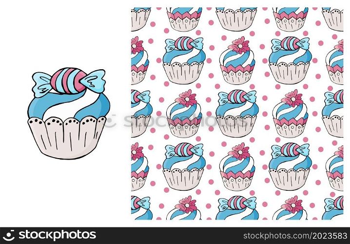 Cupcake. Set of element and seamless pattern. Ideal for children&rsquo;s clothing. Sweet pastries. Can be used for fabric, wrapping paper and etc. Cupcake, muffin. Set of element and seamless pattern
