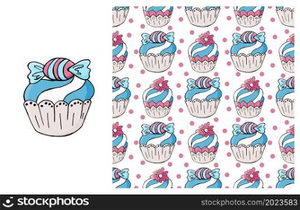 Cupcake. Set of element and seamless pattern. Ideal for children&rsquo;s clothing. Sweet pastries. Can be used for fabric, wrapping paper and etc. Cupcake, muffin. Set of element and seamless pattern