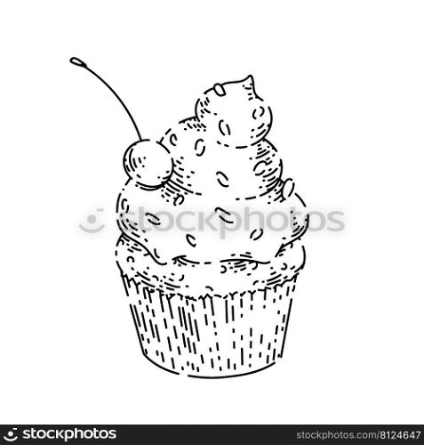 cupcake sketch hand drawn vector birthday food, rainbow dessert, delicious cream vintage black line illustration. cupcake sketch hand drawn vector