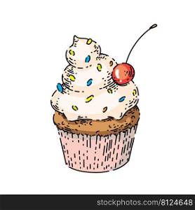 cupcake sketch hand drawn vector birthday food, rainbow dessert, delicious cream vintage color line illustration. cupcake sketch hand drawn vector