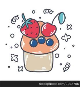 Cupcake strawberry, cherry, blueberry doodle style. Berry muffin and squiggles hand engraved. Sweet pastry retro sketch, vector illustration. Cupcake strawberry, cherry, blueberry doodle style