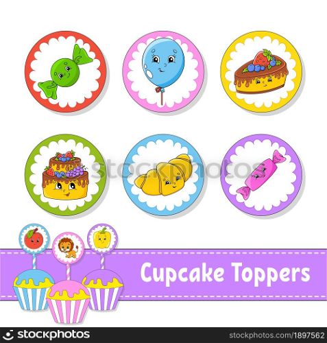 Cupcake Toppers. Set of six round pictures. Cartoon characters. Cute image. For birthday, party, baby shower.