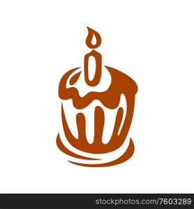 Cupcake with burning candle isolated birthday symbol. Vector anniversary party or holiday dessert. Cake with one candle, anniversary cupcake