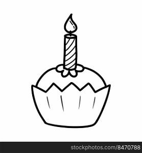 Cupcake with candles. Birthday cake. Vector doodle illustration.