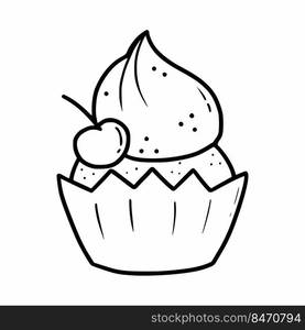 Cupcake with cherries and buttercream. Dessert for holiday. Vector doodle illustration. Coloring food. Sketch.