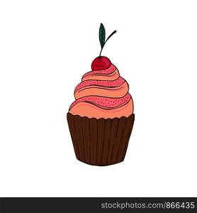 Cupcake with cherry. Vector doodle badge. Sweet vector print. Cartoon sticker in trendy style.. Cupcake with cherry. Vector doodle badge. Sweet vector print. Cartoon sticker in trendy style