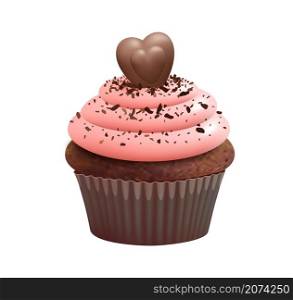 Cupcake with choco heart. Isolated muffin, chocolate bake dessert. Sweet cream food, realistic biscuit and candy vector illustration. Chocolate food dessert, sweet pastry biscuit cupcake. Cupcake with choco heart. Isolated muffin, chocolate bake dessert. Sweet cream food, realistic biscuit and candy vector illustration