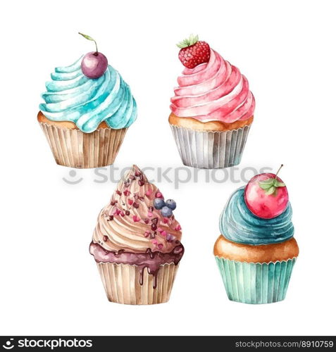 cupcake with cream. watercolor illustration. cupcake set with cream. watercolor illustration ice cream