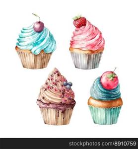 cupcake with cream. watercolor illustration. cupcake set with cream. watercolor illustration ice cream