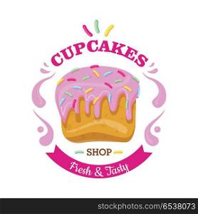 Cupcake with Fowing Topping and confetti. Vector. Cupcake fresh and tasty shop. Cupcake with pink flowing topping and small colourful confetti. Isolated confectionery illustration with candies. Flat design. Simple cartoon style. Vector illustration