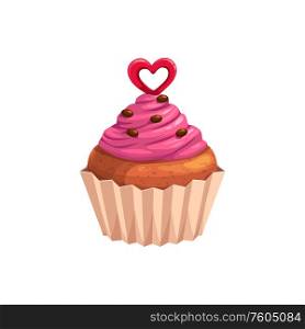 Cupcake with heart, Valentine day and wedding party symbol. Vector muffin cupcake with pink mousse and caramel candy heart. Valentine day, cupcake with candy heart