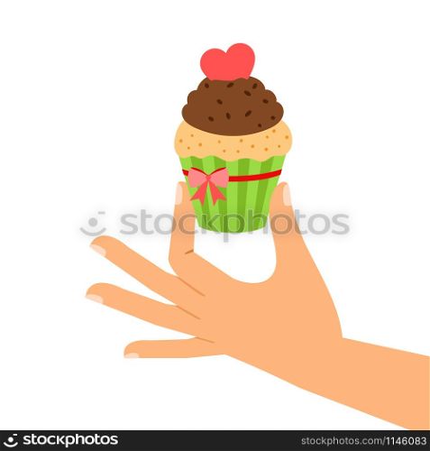 Cupcake with red heart in hand, gift vector illustration. Cupcake with red heart in hand,