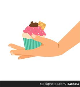 Cupcake with wafer and chocolate cream. Hand holding cupcake, isolated vector illustration. Cupcake with wafer and chocolate cream