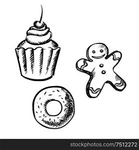 Cupcake with whipped cream and cherry fruit, gingerbread man with icing decoration and donut with sprinkles, sketch style. Cupcake, gingerbread man and donut sketches