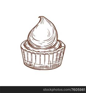 Cupcake with whipped cream isolated monochrome sketch. Vector muffin, sweet dessert bakery food,. Homemade buttercream cake muffin and whipped cream