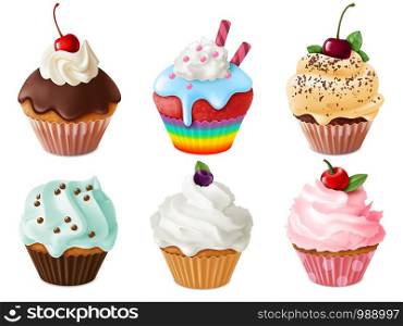 Cupcakes 3d set. Realistic sweet dessert with cream and berries, vanilla cakes. Chocolate cupcake, creamy confectionery vector birthday homemade sweetness set. Cupcakes 3d set. Realistic sweet dessert with cream and berries, vanilla cakes. Chocolate cupcake, creamy confectionery vector set