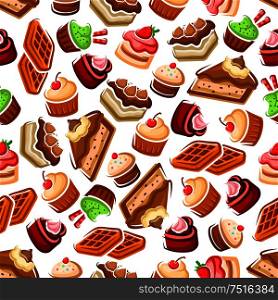 Cupcakes and cakes, fruity dessert and belgian waffles with cream, cherry and strawberry fruits, chocolate chips and sprinkles seamless pattern background. For candy and confectionery themes design. Sweet bakery and pastry pattern