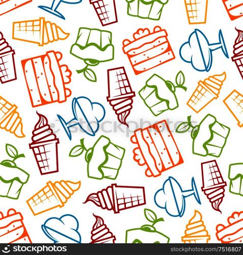 Cupcakes and ice cream seamless pattern with outline tasty muffins topped with cherry fruits, chocolate tiered cakes with cream, soft serve ice cream cones and sundae desserts over white background. Pastry, bakery and dessert themes design. Cakes and ice cream seamless pattern