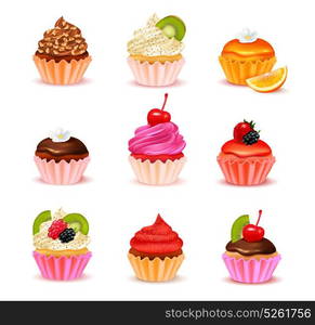 Cupcakes Assortment Set. Bright realistic cupcakes with various fillings assortment set isolated on white background vector illustration