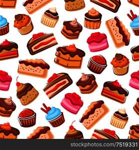 Cupcakes, cakes and muffins seamless background. Patisserie confectionery chocolate cupcakes, biscuit cakes, muffins, whipped cream, strawberry and cherry topping. Cakes and muffins patisserie seamless background