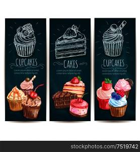 Cupcakes, cakes vertical banners. Vector chalk sketch icons of confectionery bakery sweets, pastry dessert, muffin, biscuit for patisserie, cafe leaflet, pastry shop signboard, menu. Cupcakes, cakes pastries desserts banners