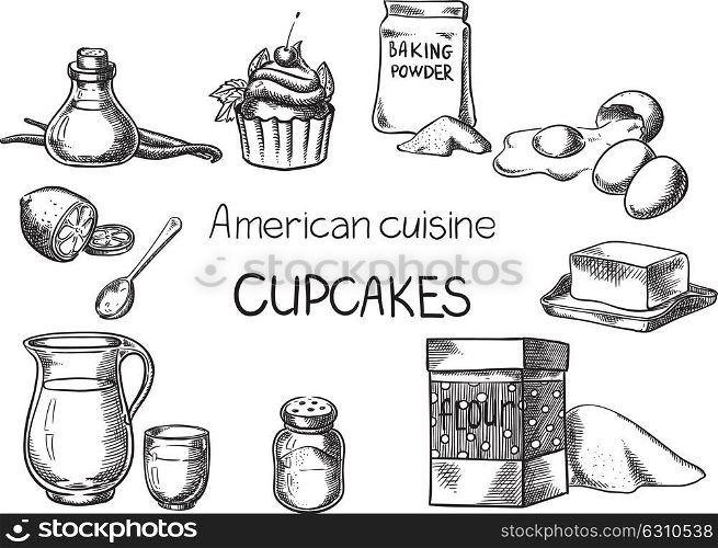 Cupcakes. Creative conceptual vector. Sketch hand drawn American food recipe illustration, engraving, ink, line art, vector.