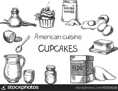 Cupcakes. Creative conceptual vector. Sketch hand drawn American food recipe illustration, engraving, ink, line art, vector.