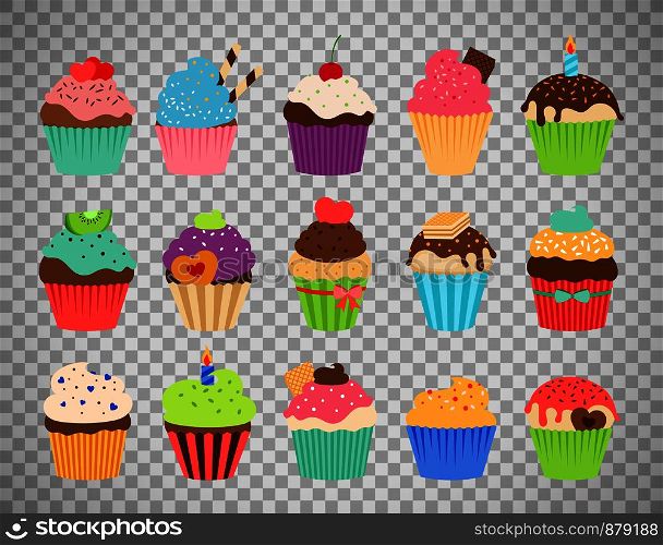 Cupcakes flat icons. Delicious birthday cupcake and wedding muffin vector collection isolated on transparent background. Cupcakes flat icons on transparent background