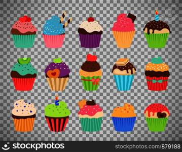 Cupcakes flat icons. Delicious birthday cupcake and wedding muffin vector collection isolated on transparent background. Cupcakes flat icons on transparent background
