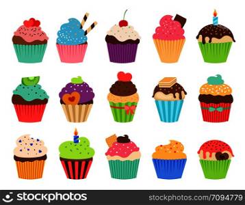 Cupcakes flat icons. Delicious birthday cupcake and wedding muffin vector collection isolated on white background. Cupcakes flat icons