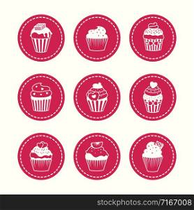 Cupcakes icons set. Bakery patches and icons with cakes vector illustration. Cupcakes round icons set