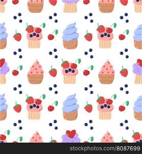 Cupcakes with berries seamless pattern. Cute delicious cakes background. Culinary print for textile, digital paper, packaging. Vector illustration. Cupcakes with berries seamless pattern
