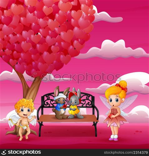 Cupid and a couple rabbit in the romantic garden
