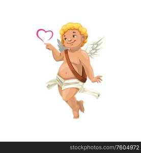 Cupid angel, Saint Valentine day and RSVP wedding party isolated symbol. Vector cupid angel boy on wings with heart and arrows. Valentine day, cupid angel with heart and arrows