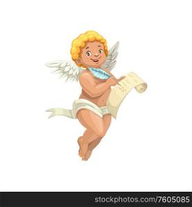 Cupid angel, Valentine day and RSVP wedding party symbol. Vector isolated cupid angel with wings, quill pen and paper scroll. Valentine day, cupid angel with quill and scroll